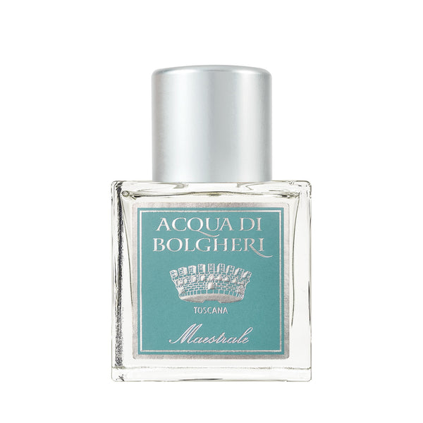 Acqua di Bolgheri Maestrale parfymflaska i klarglas med guldlock – Eau de Parfum närbild