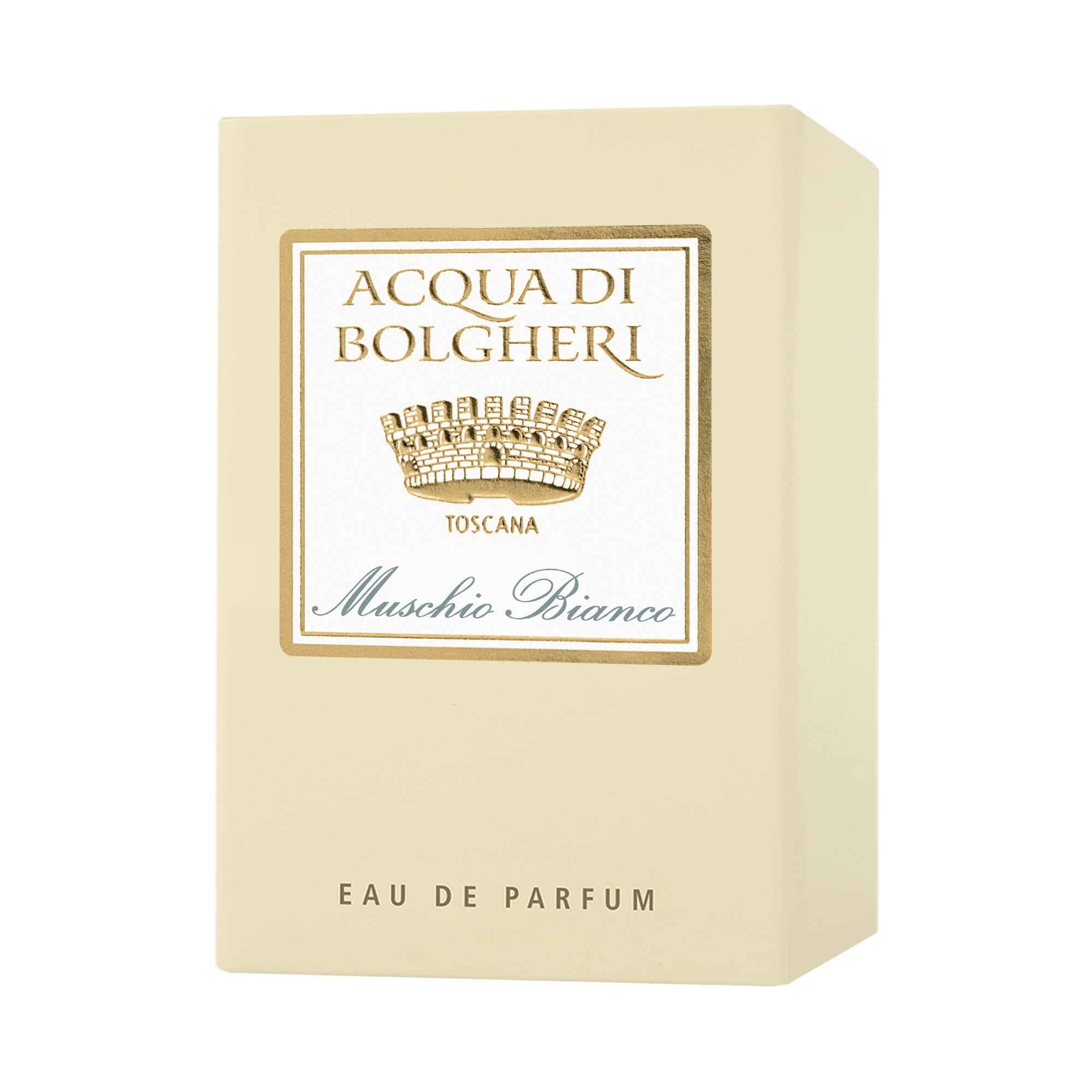 Acqua di Bolgheri Muschio Bianco EDP förpackning i beige med etikett – Eau de Parfum