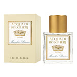 Acqua di Bolgheri Muschio Bianco Eau de Parfum – glasflaska med guldlock bredvid beige presentförpackning