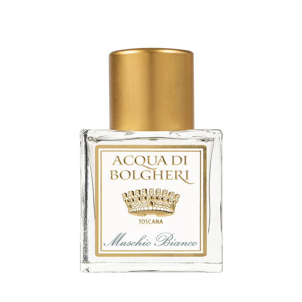 Acqua di Bolgheri Muschio Bianco parfymflaska i klarglas med guldlock – Eau de Parfum närbild