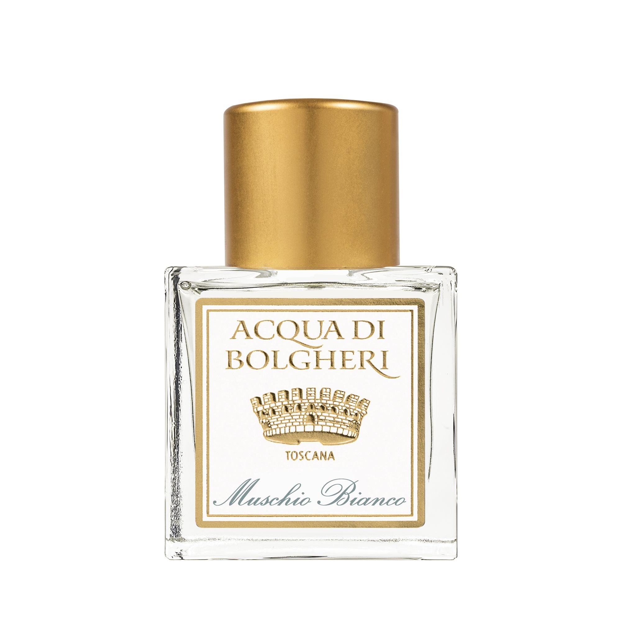 Acqua di Bolgheri Muschio Bianco parfymflaska i klarglas med guldlock – Eau de Parfum närbild