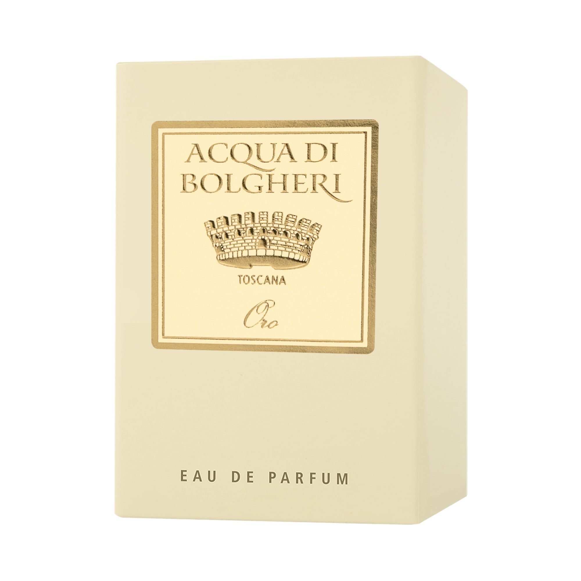 Acqua di Bolgheri Oro EDP förpackning i beige med etikett – Eau de Parfum