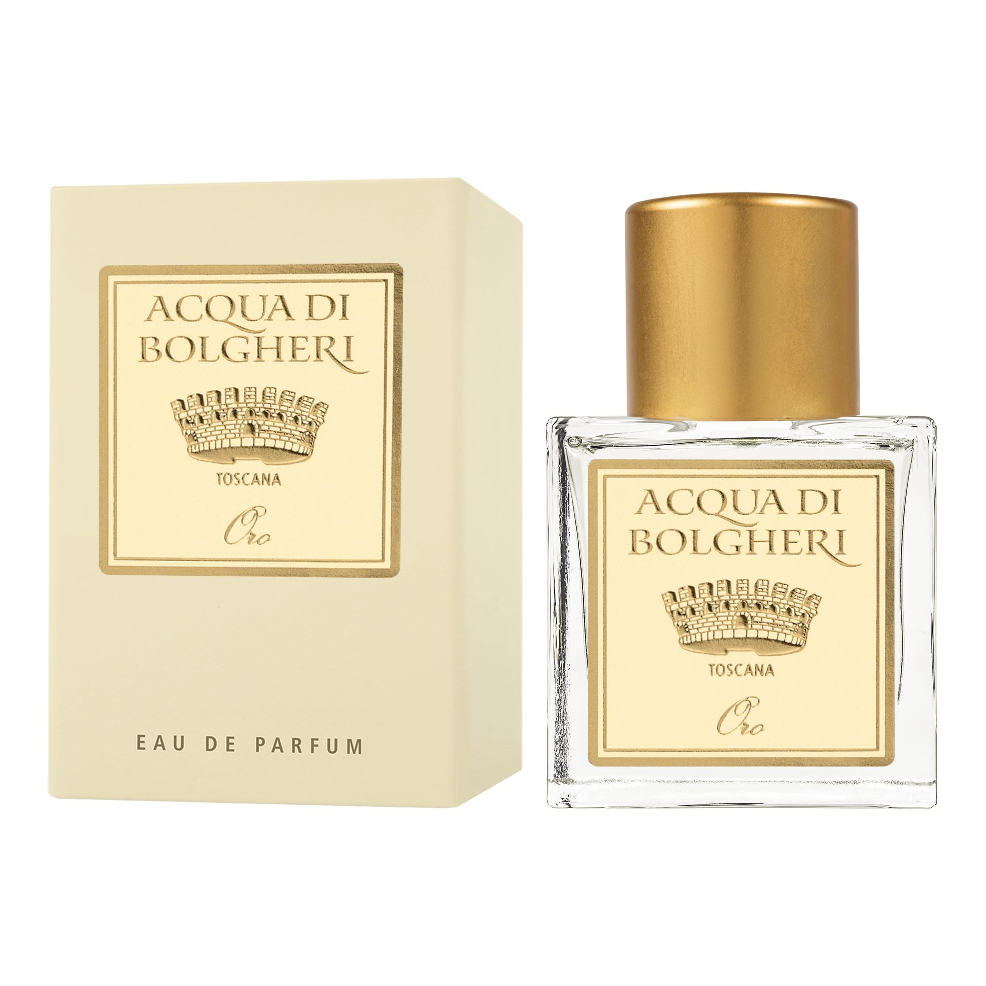 Acqua di Bolgheri Oro Eau de Parfum – glasflaska med guldlock bredvid beige presentförpackning