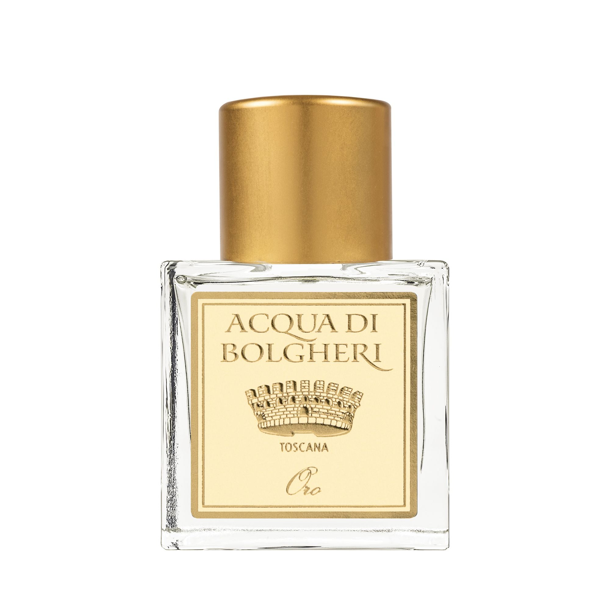 Acqua di Bolgheri Oro parfymflaska i klarglas med guldlock – Eau de Parfum närbild