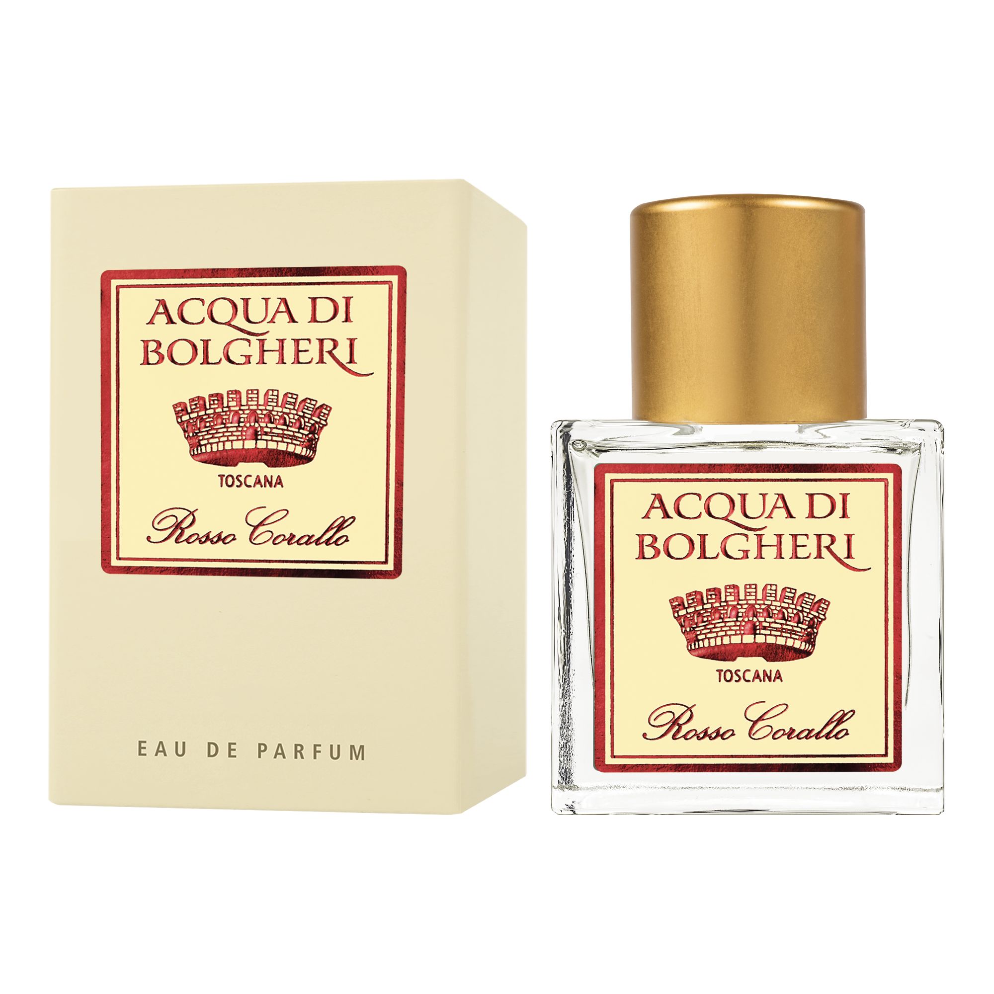 Acqua di Bolgheri Rosso Corallo Eau de Parfum – glasflaska med guldlock bredvid beige presentförpackning