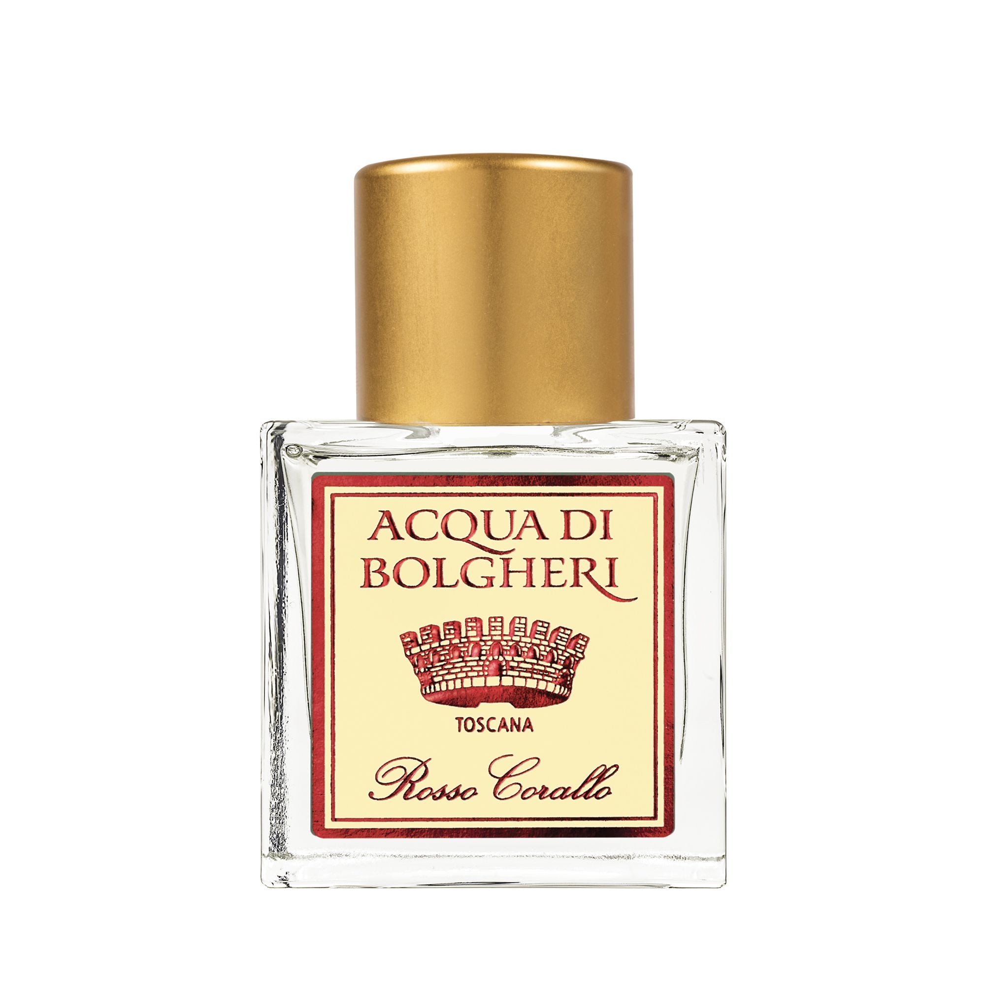 Acqua di Bolgheri Rosso Corallo parfymflaska i klarglas med guldlock – Eau de Parfum närbild
