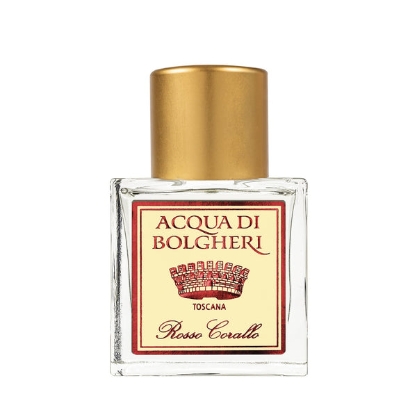 Acqua di Bolgheri Rosso Corallo parfymflaska i klarglas med guldlock – Eau de Parfum närbild