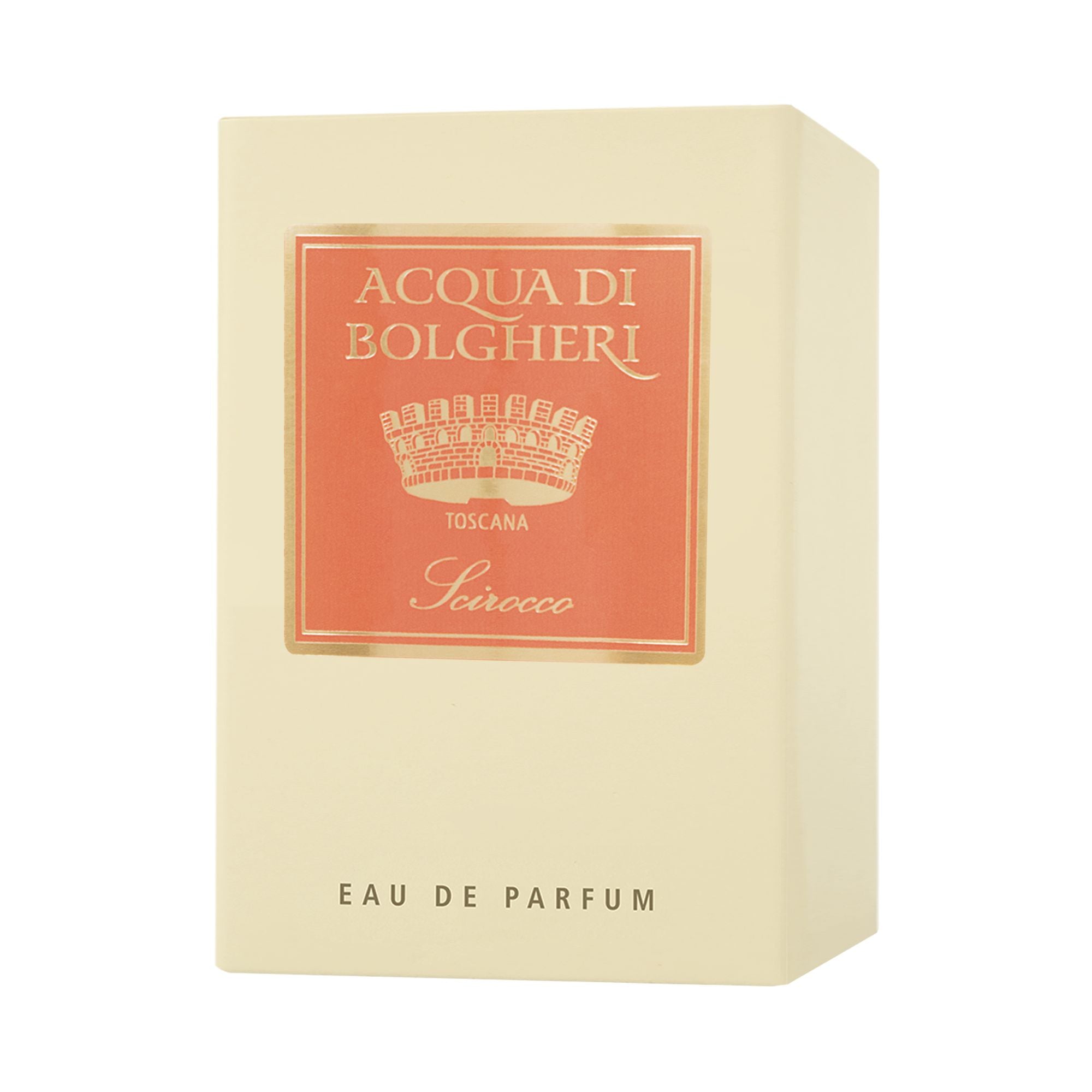 Acqua di Bolgheri Scirocco EDP förpackning i beige med etikett – Eau de Parfum