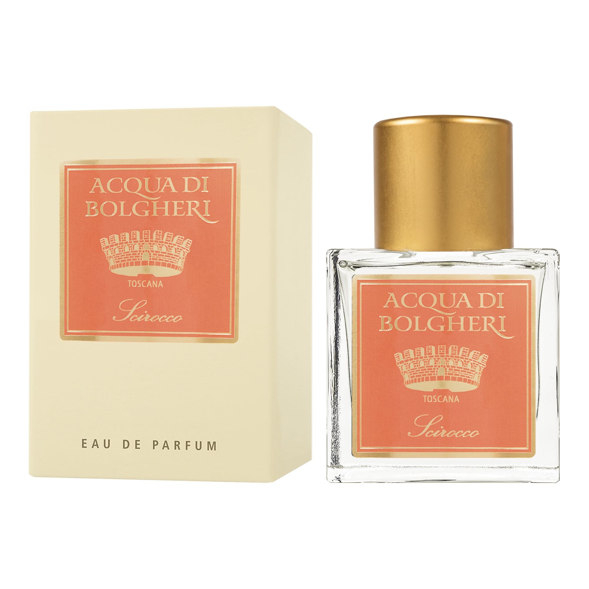 Acqua di Bolgheri Scirocco Eau de Parfum – glasflaska med guldlock bredvid beige presentförpackning