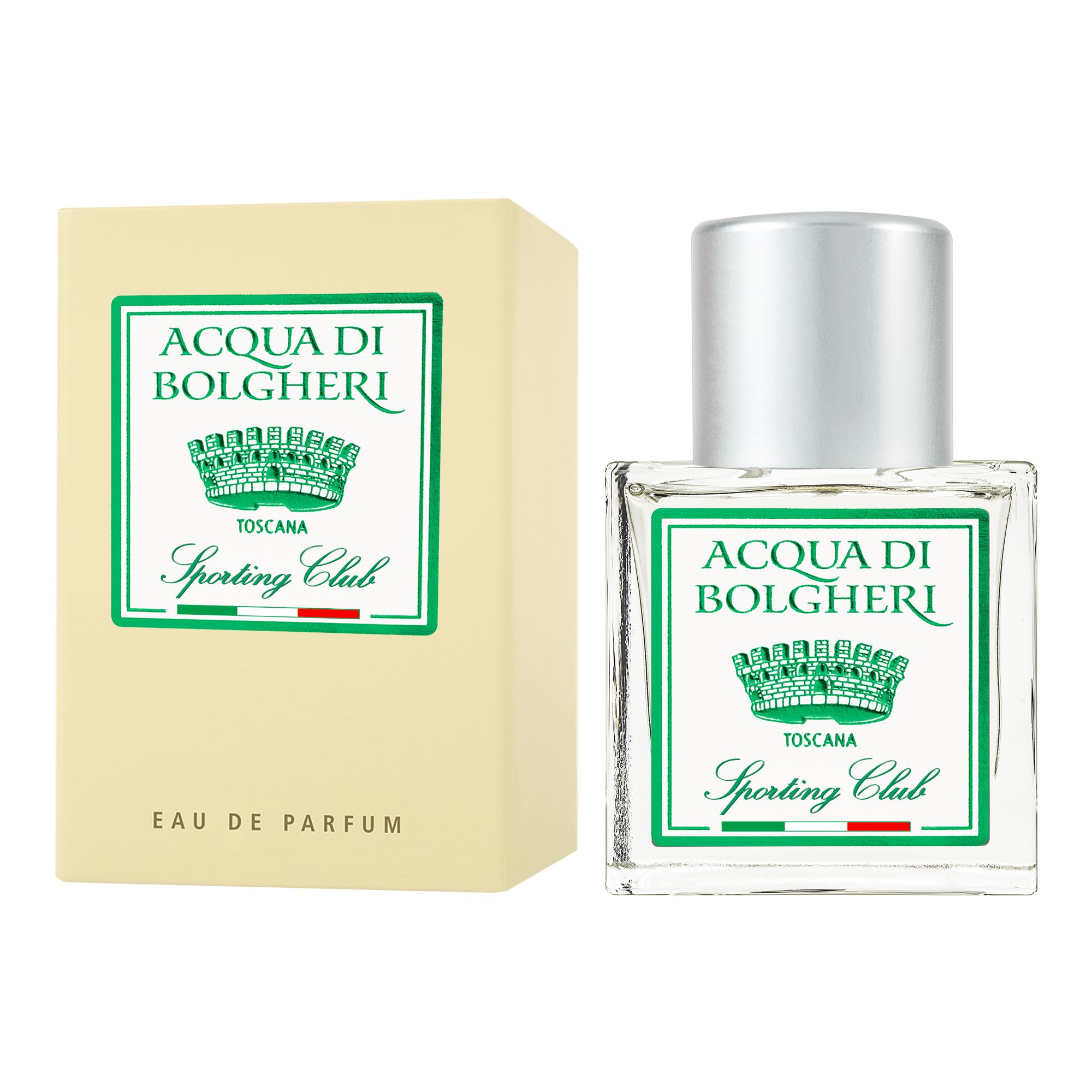 Acqua di Bolgheri Sporting Club Eau de Parfum – glasflaska med guldlock bredvid beige presentförpackning