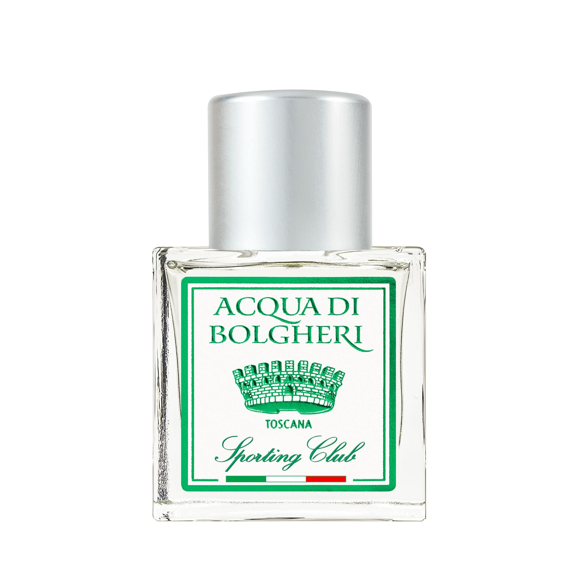 Acqua di Bolgheri Sporting Club parfymflaska i klarglas med guldlock – Eau de Parfum närbild