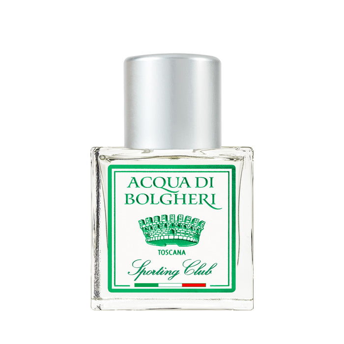 Acqua di Bolgheri Sporting Club parfymflaska i klarglas med guldlock – Eau de Parfum närbild
