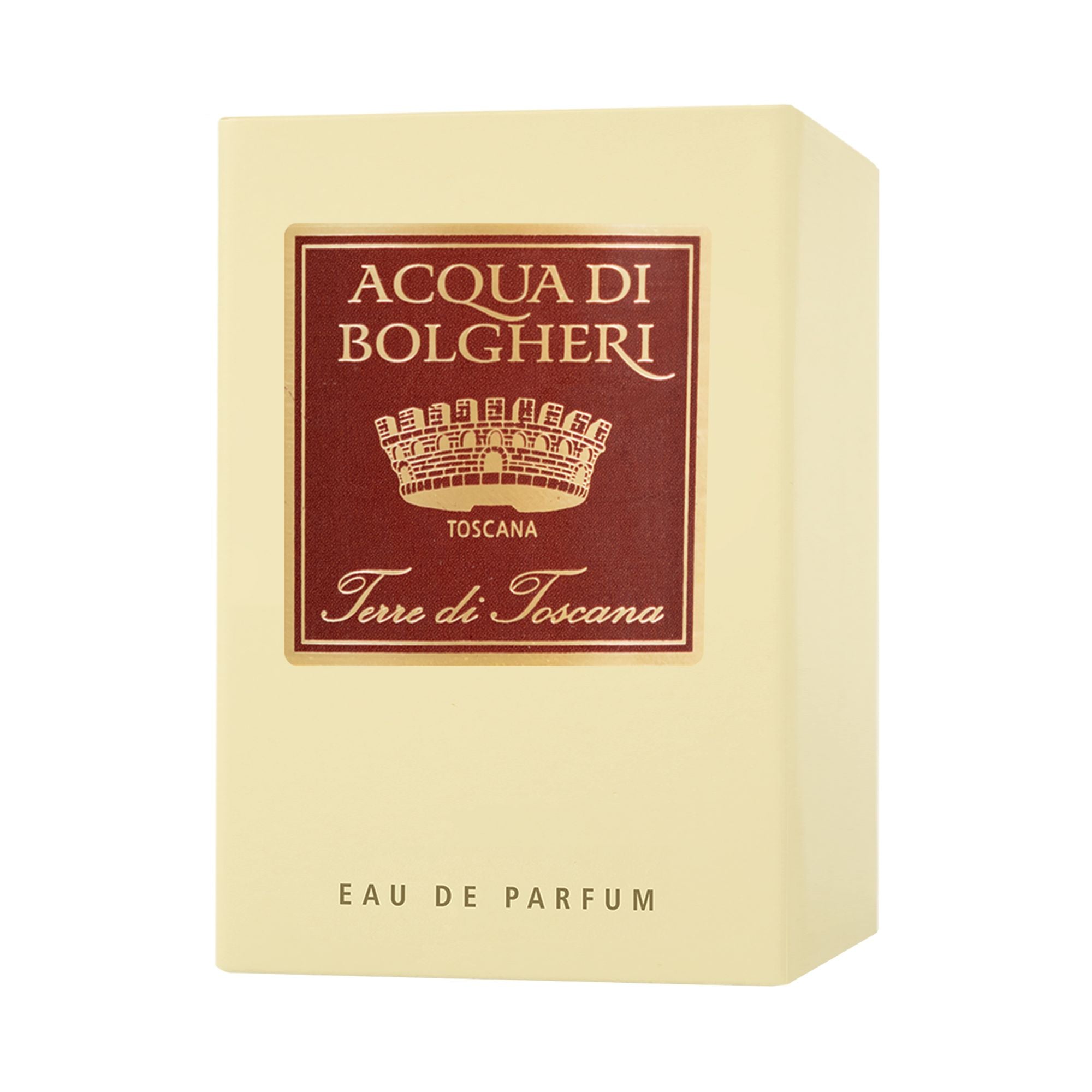 Acqua di Bolgheri Terre di Toscana EDP förpackning i beige med etikett – Eau de Parfum