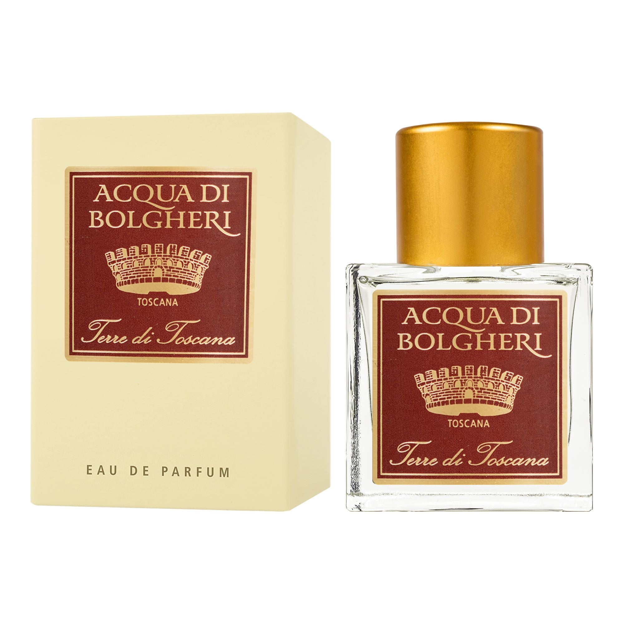 Acqua di Bolgheri Terre di Toscana Eau de Parfum – glasflaska med guldlock bredvid beige presentförpackning
