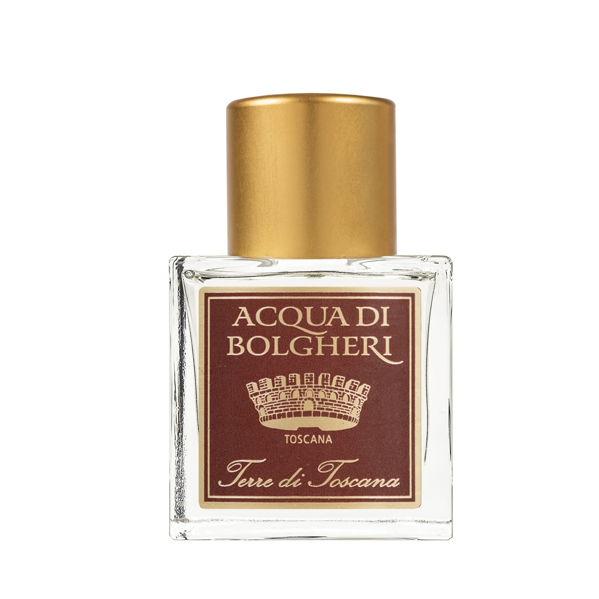 Acqua di Bolgheri Terre di Toscana parfymflaska i klarglas med guldlock – Eau de Parfum närbild