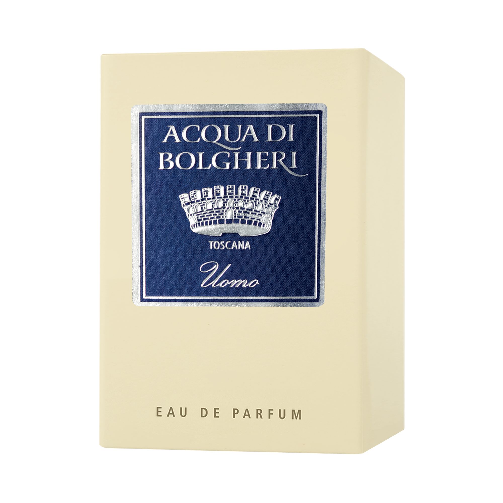 Acqua di Bolgheri Uomo EDP förpackning i beige med etikett – Eau de Parfum