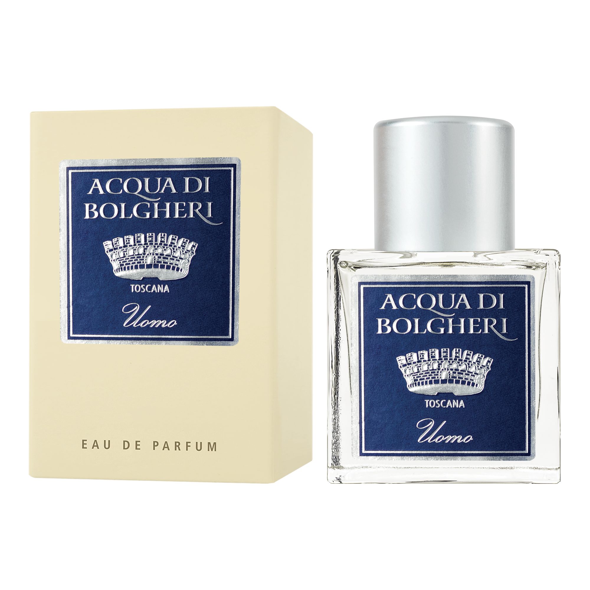 Acqua di Bolgheri Uomo Eau de Parfum – glasflaska med guldlock bredvid beige presentförpackning
