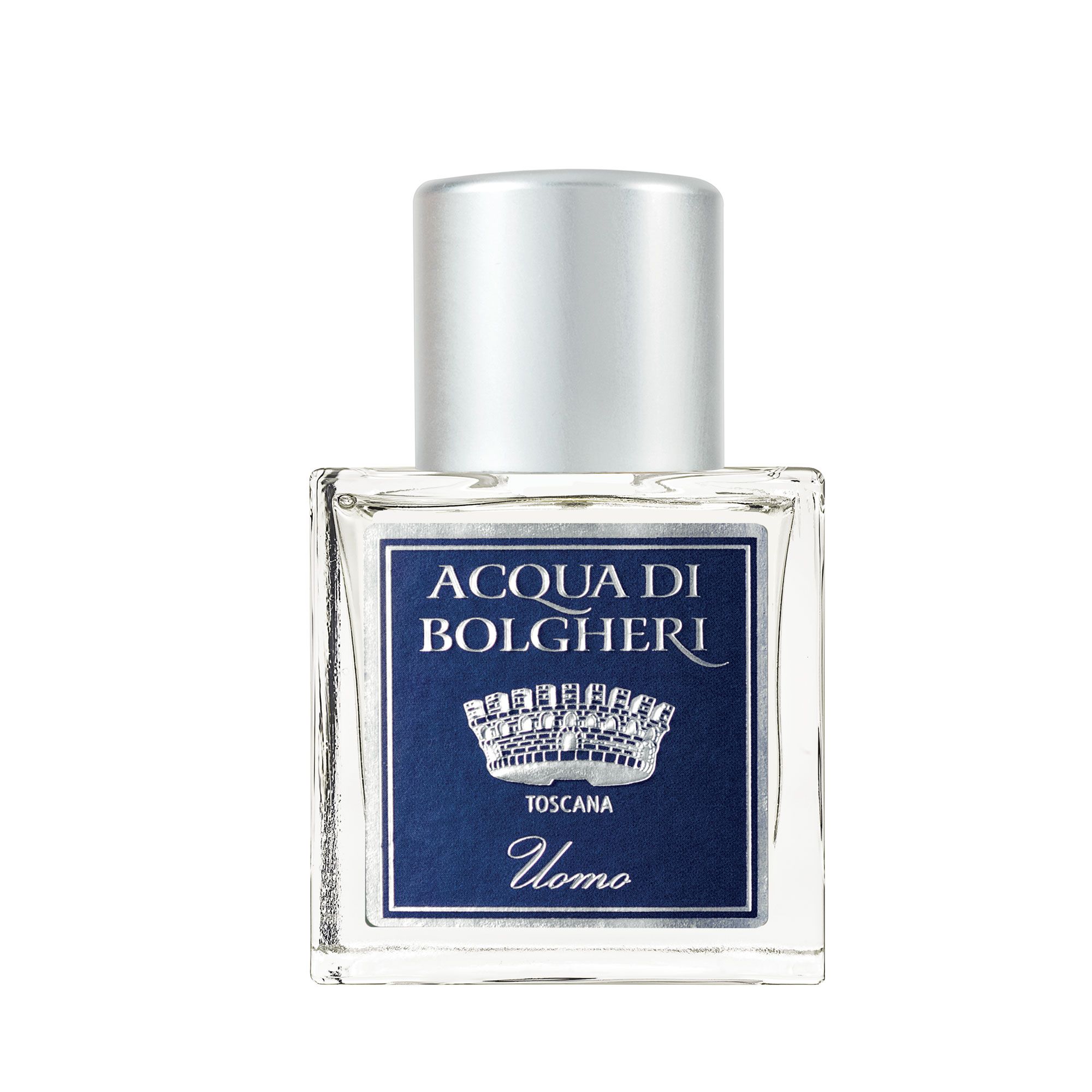 Acqua di Bolgheri Uomo parfymflaska i klarglas med guldlock – Eau de Parfum närbild