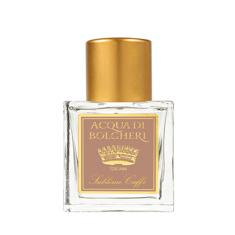 Acqua di Bolgheri Sublime Caffè parfymflaska i klarglas med guldlock – Eau de Parfum närbild
