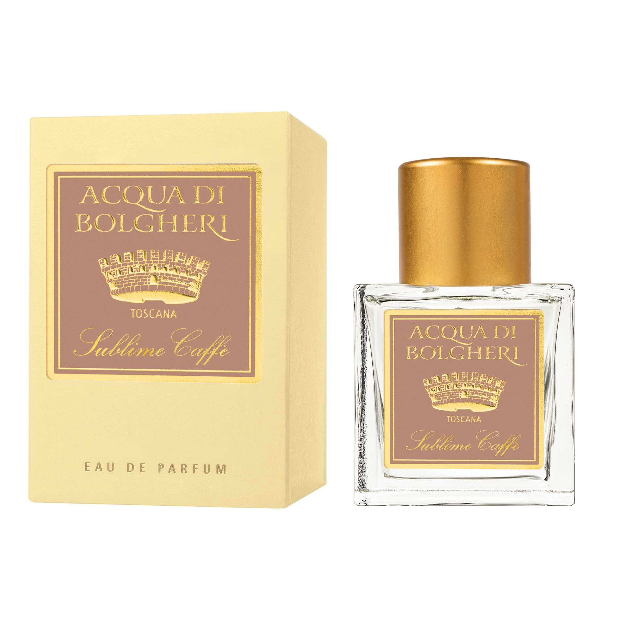 Acqua di Bolgheri Sublime Caffè Eau de Parfum – glasflaska med guldlock bredvid beige presentförpackning