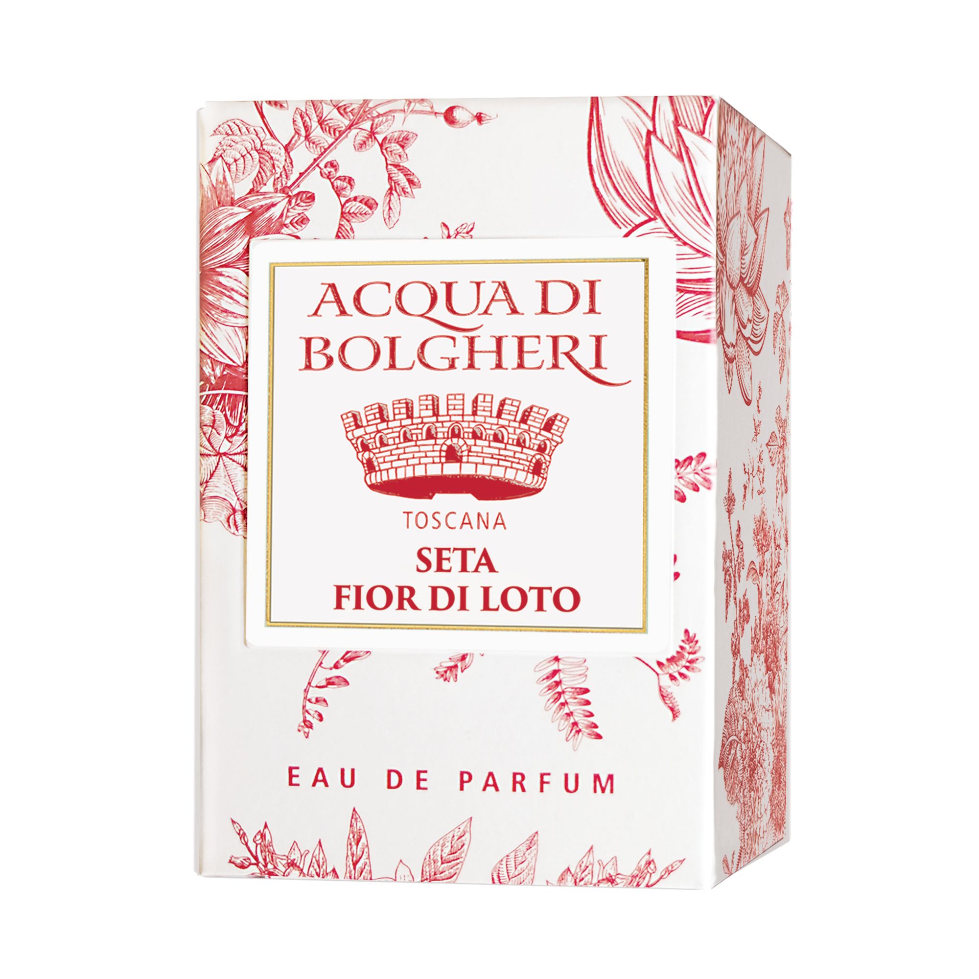Acqua di Bolgheri Seta Fior di Loto EDP förpackning i beige med etikett – Eau de Parfum