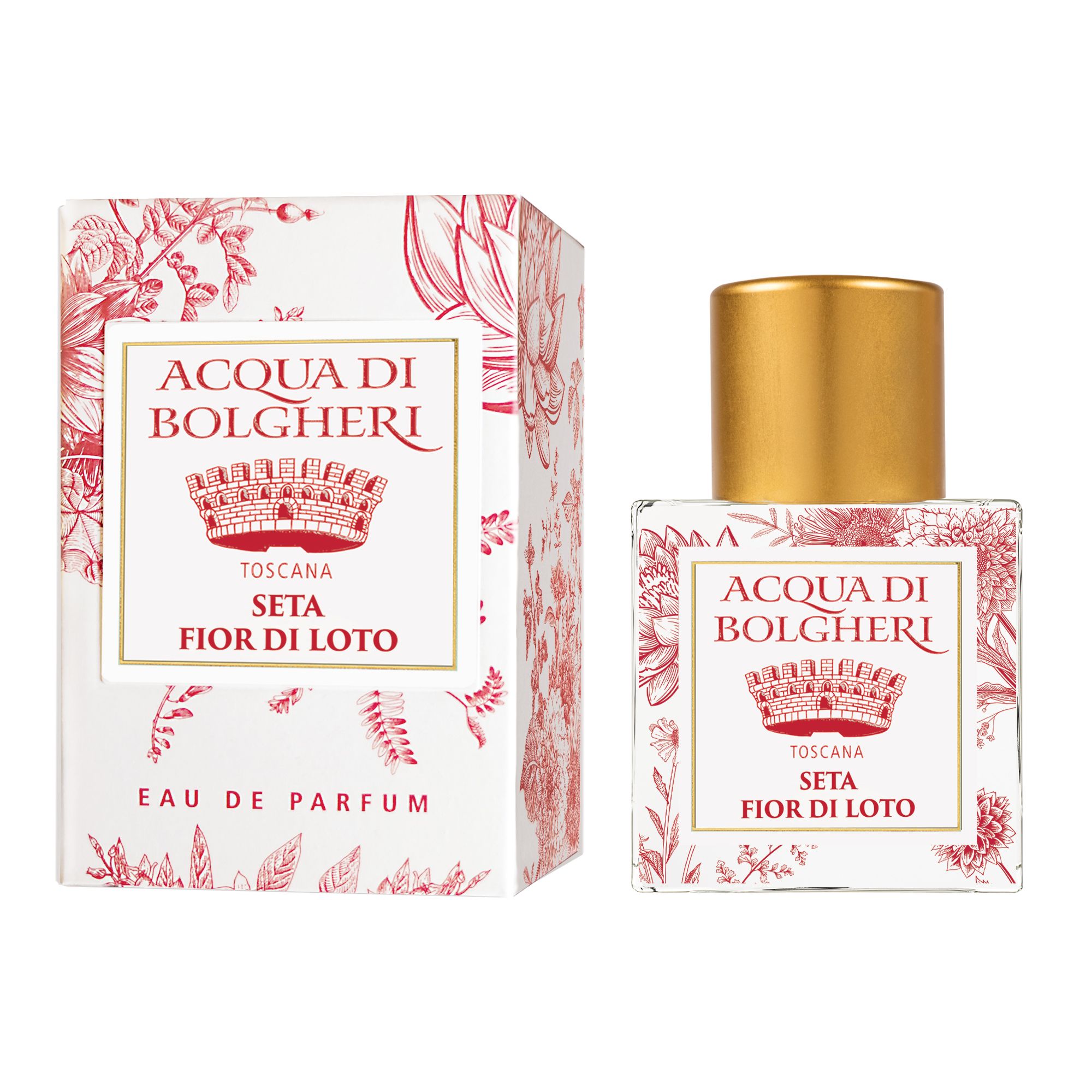 Acqua di Bolgheri Seta Fior di Loto Eau de Parfum – glasflaska med guldlock bredvid beige presentförpackning