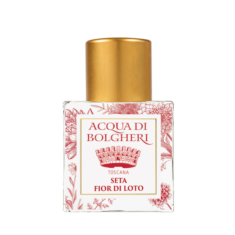 Acqua di Bolgheri Seta Fior di Loto parfymflaska i klarglas med guldlock – Eau de Parfum närbild