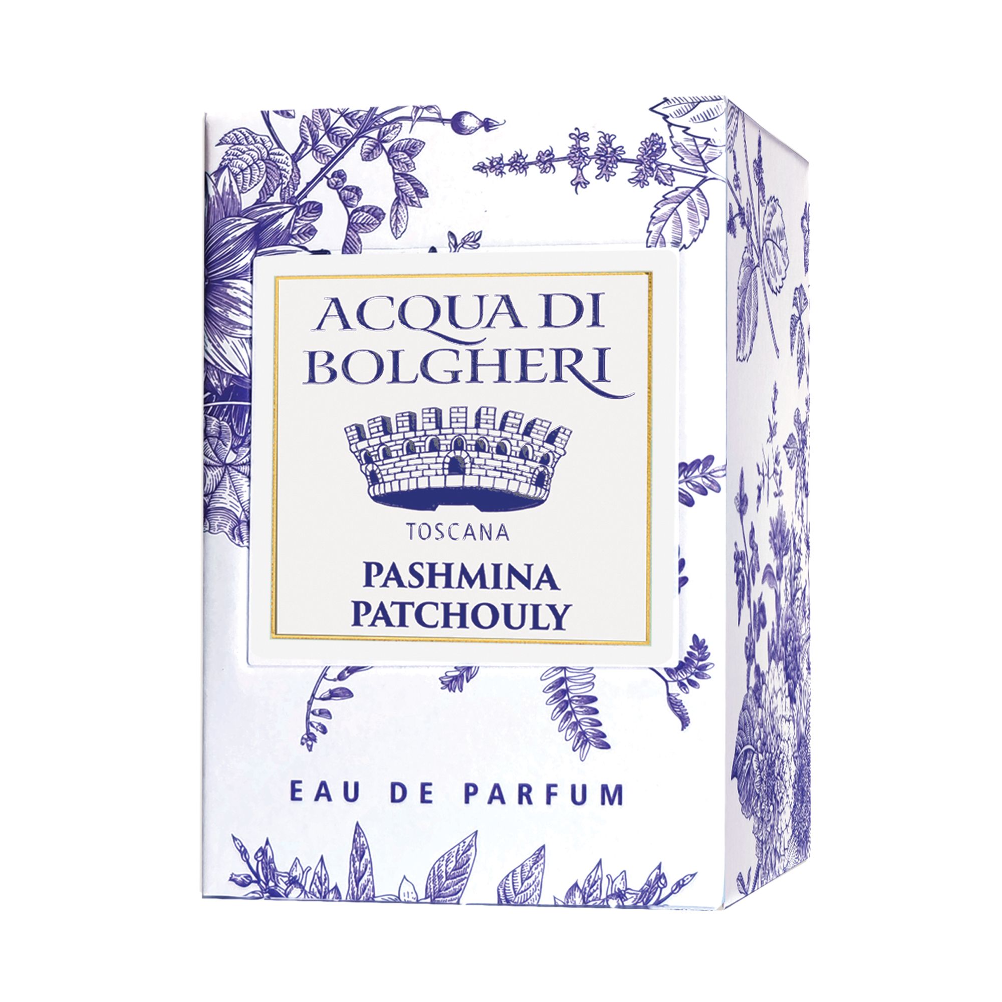 Acqua di Bolgheri Pashmina Patchouly EDP förpackning i beige med etikett – Eau de Parfum