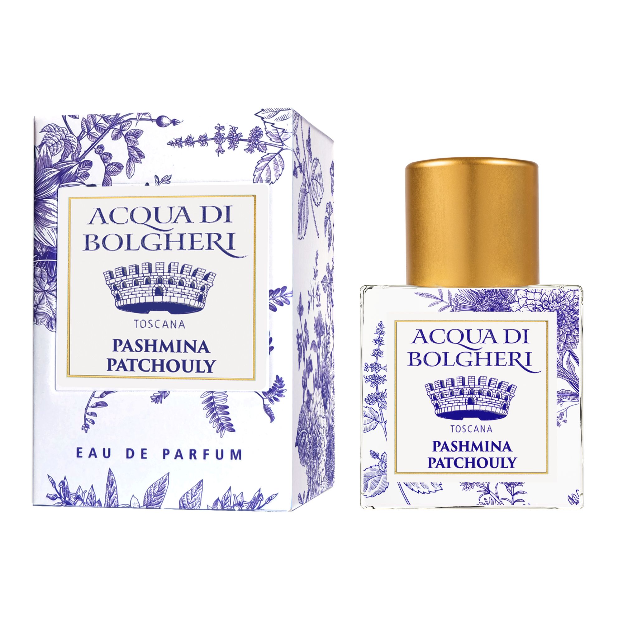 Acqua di Bolgheri Pashmina Patchouly Eau de Parfum – glasflaska med guldlock bredvid beige presentförpackning