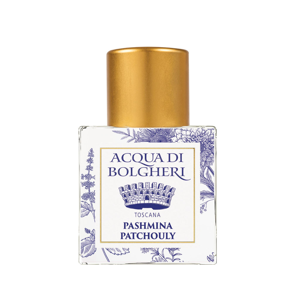 Acqua di Bolgheri Pashmina Patchouly parfymflaska i klarglas med guldlock – Eau de Parfum närbild
