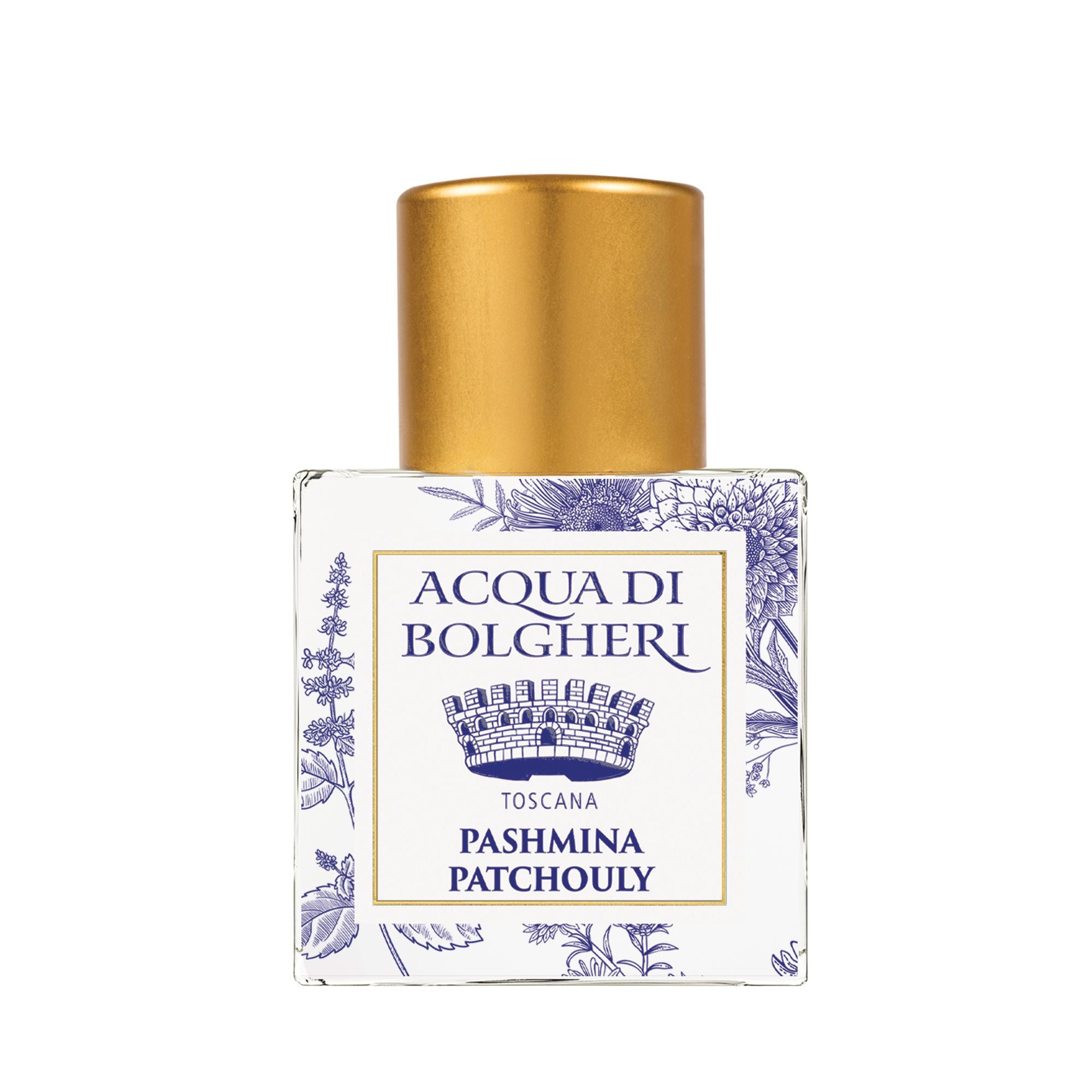 Acqua di Bolgheri Pashmina Patchouly parfymflaska i klarglas med guldlock – Eau de Parfum närbild